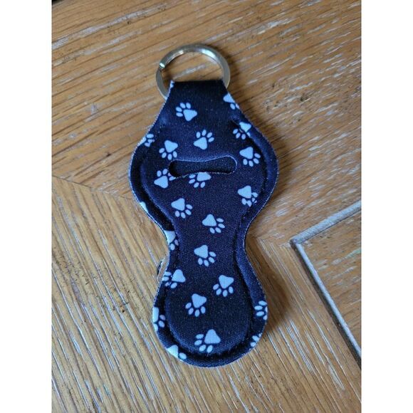 New Royal Black Paw Print Neoprene Chapstick Holder Key Chain and chapstick - Picture 1 of 3